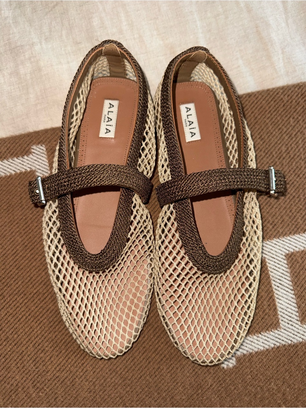 Alaia Brown and Beige Mesh Mary Jane Flats